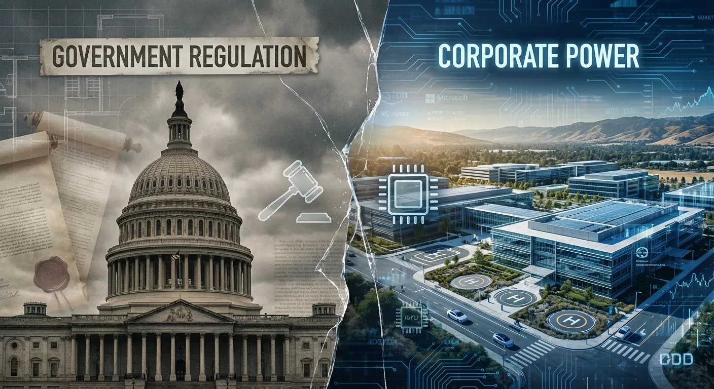 Split image showing Capitol building and tech company headquarters