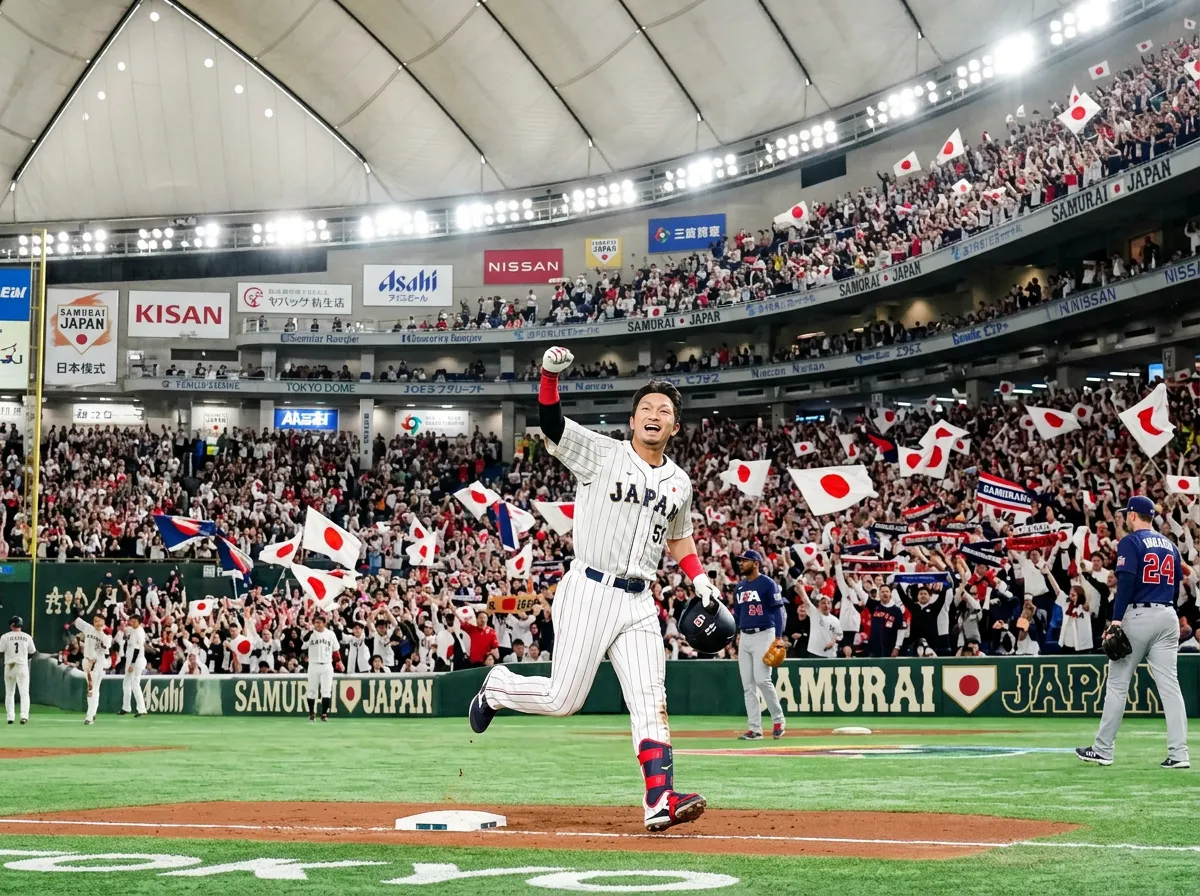 Seiya Suzuki celebrating after hitting a home run at Tokyo Dome for Japan