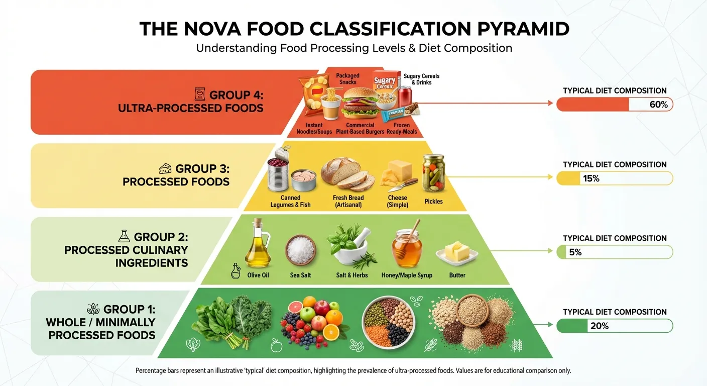NOVA food classification pyramid showing four processing levels from whole foods to ultra-processed