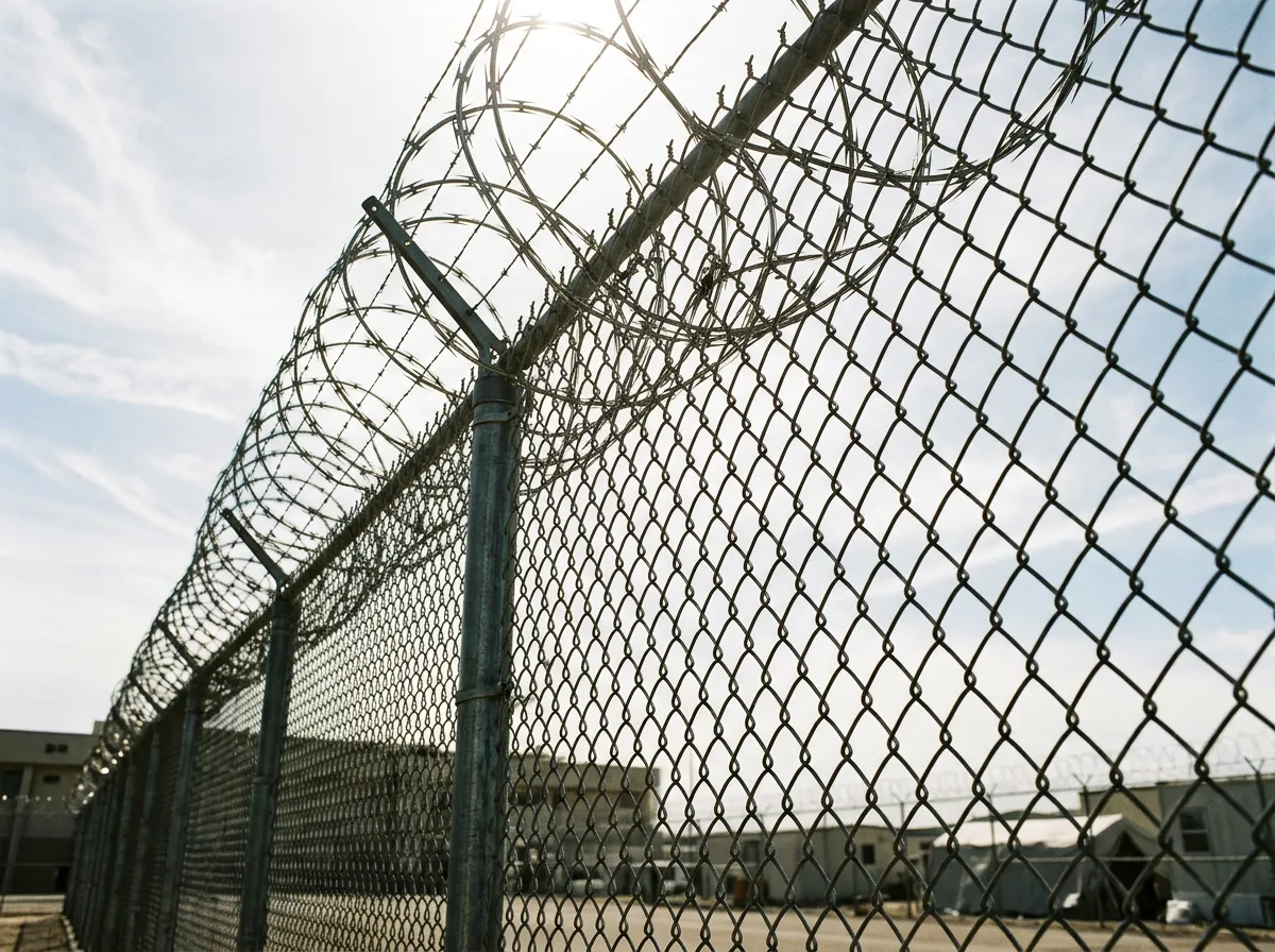 Close-up of a chain-link fence with razor wire under harsh sunlight