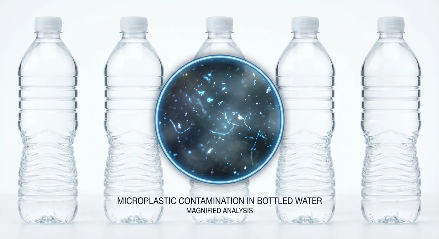 Plastic water bottles lined up with magnified view showing microscopic particles inside