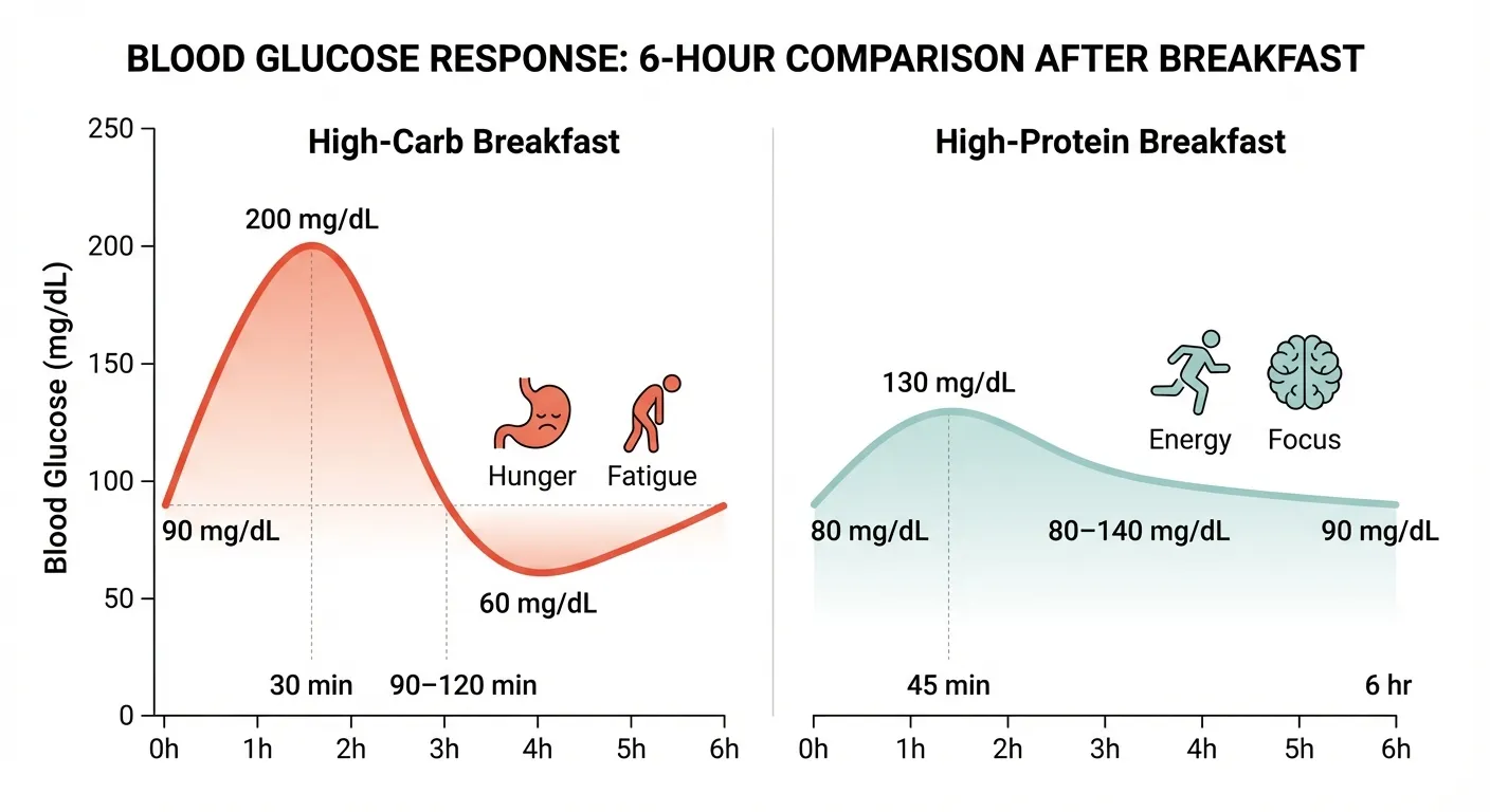 Diagram showing blood sugar response curves comparing high-protein versus high-carb breakfasts