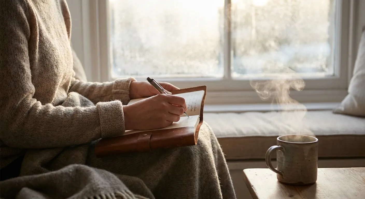 Person writing in journal by window light during quiet winter morning