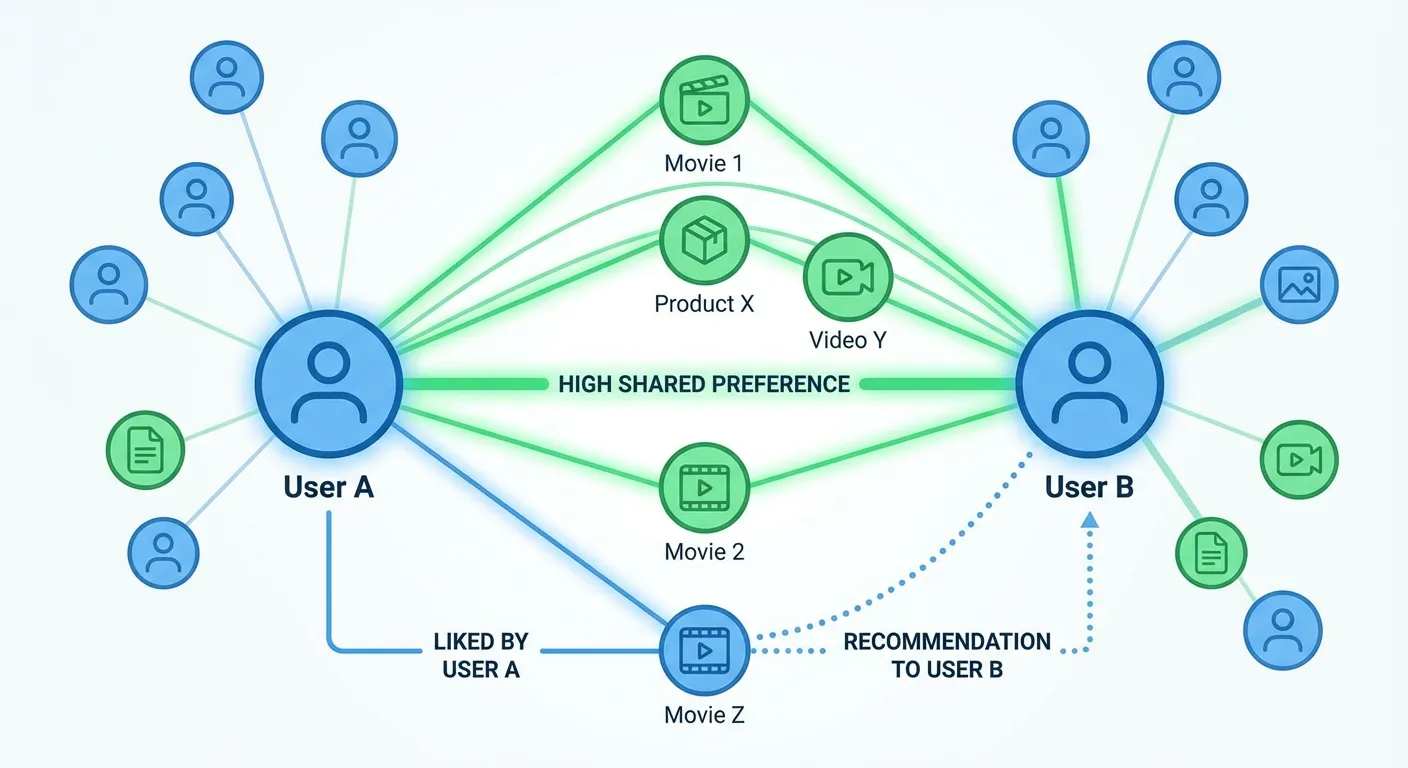 Diagram showing how collaborative filtering connects users with similar taste profiles