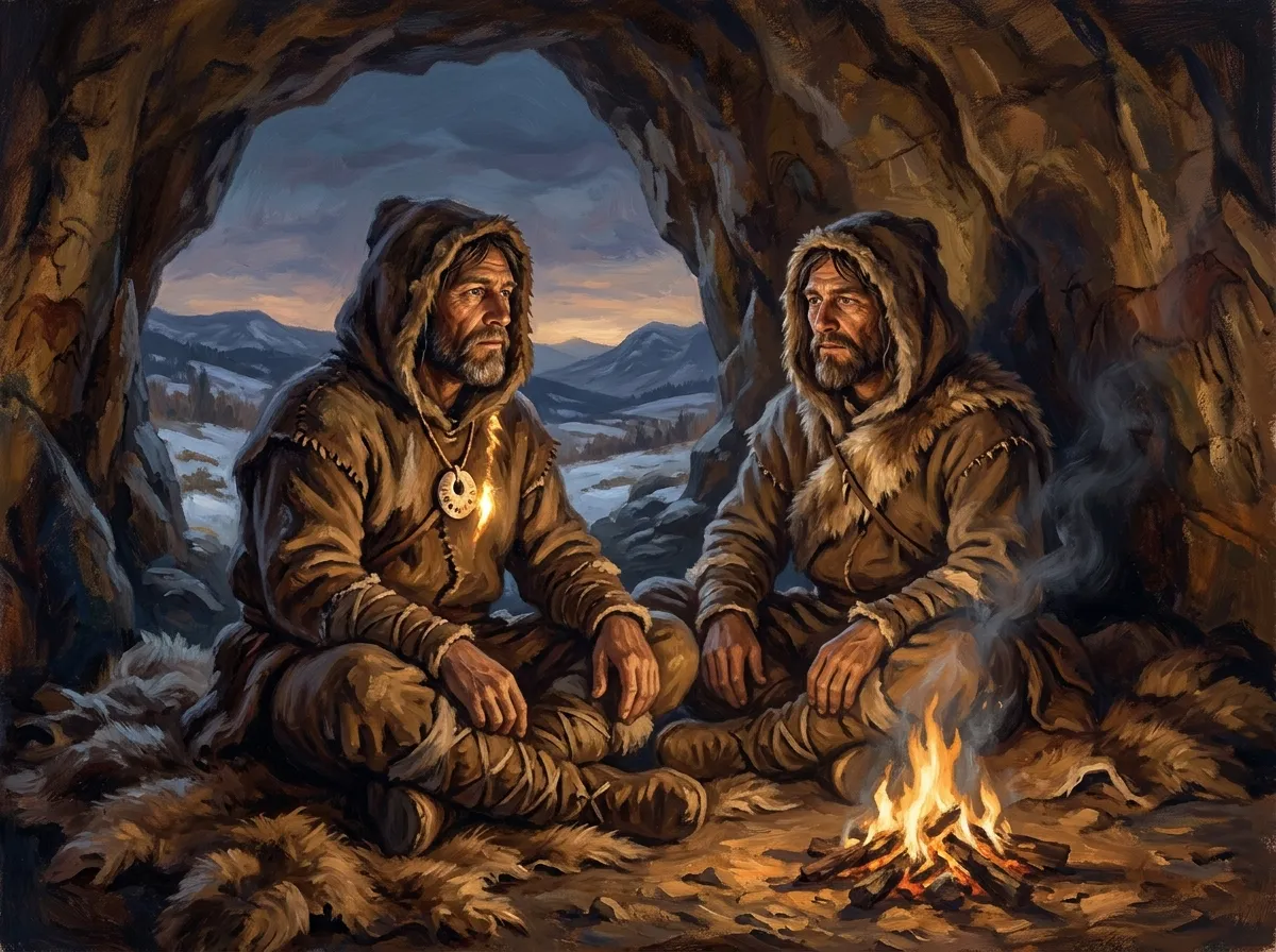 Artistic reconstruction of a Magdalenian person wearing a seal tooth pendant around a campfire