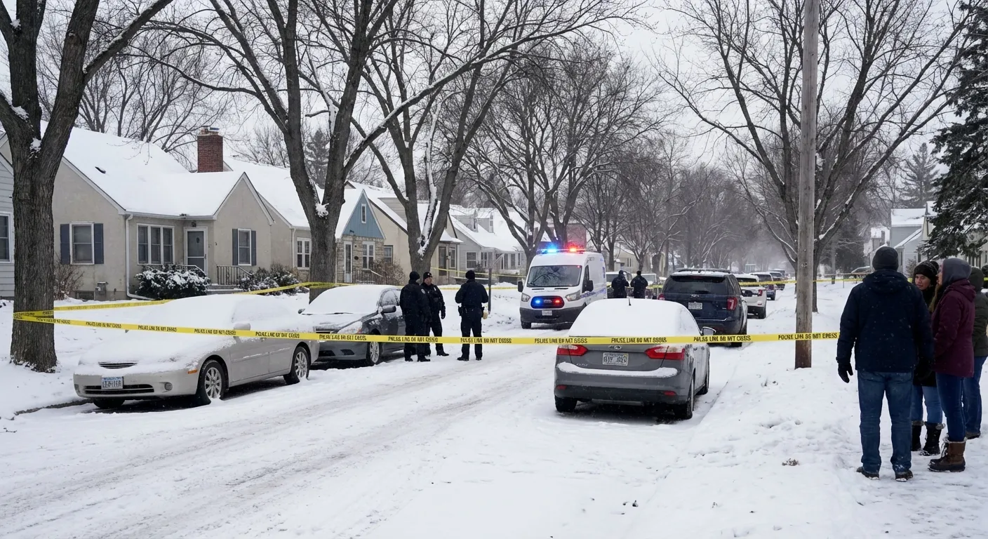 Minneapolis residential street in winter with police tape and vehicles