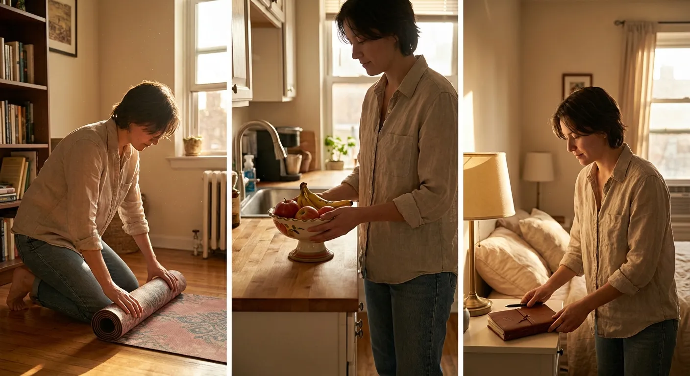 Person thoughtfully arranging their living space to support desired habits