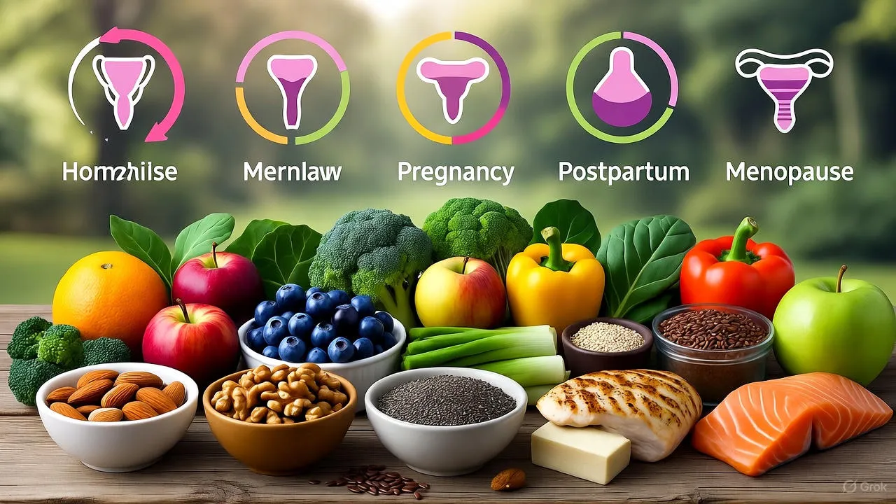 Colorful nutrient-dense meal with salmon, leafy greens, and seeds representing women's health foods