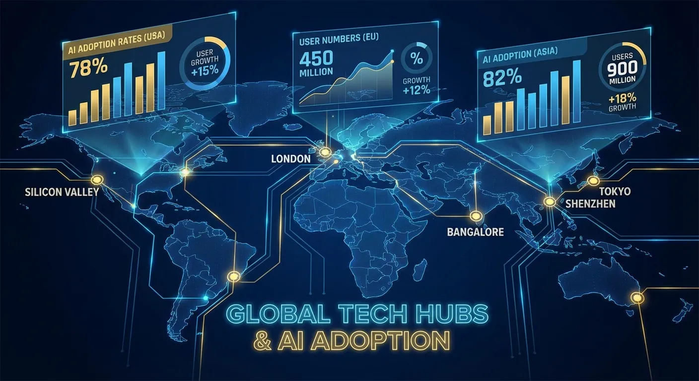 Global map showing AI adoption statistics and growth patterns across continents
