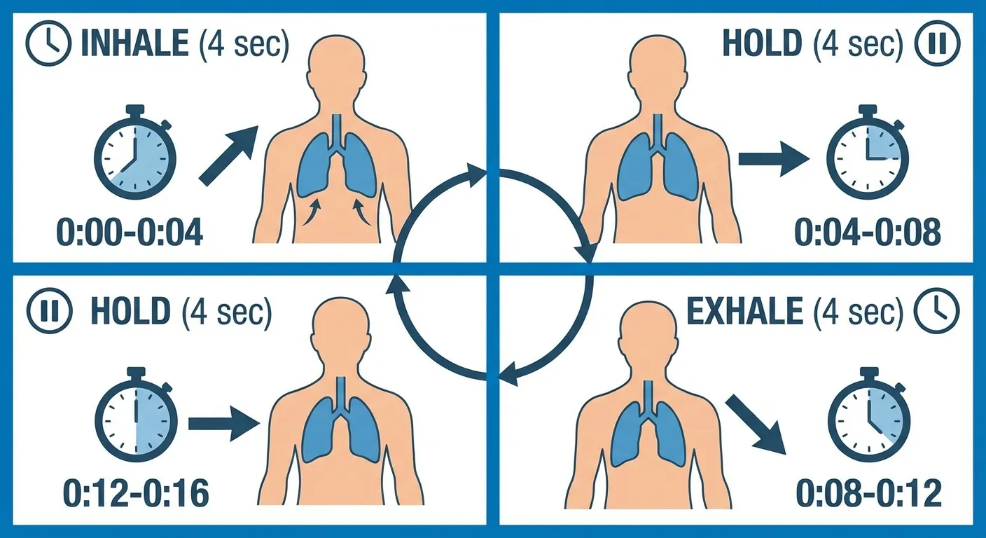 Step-by-step visual guide to the box breathing 4-4-4-4 protocol with timing and body position cues