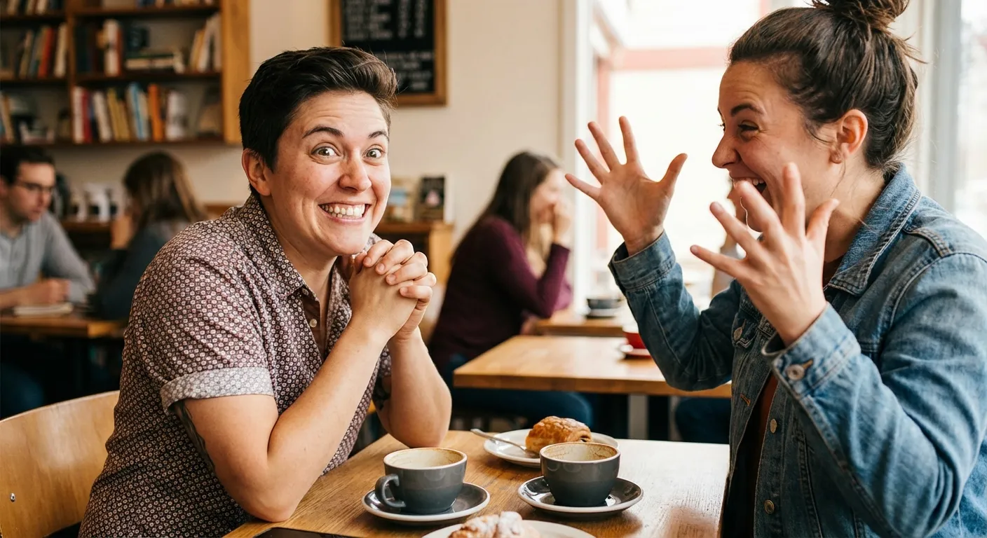 Two people celebrating together with animated conversation and genuine smiles