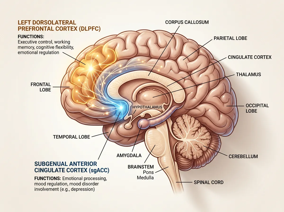 Diagram of brain regions targeted by TMS showing prefrontal cortex and deep connections