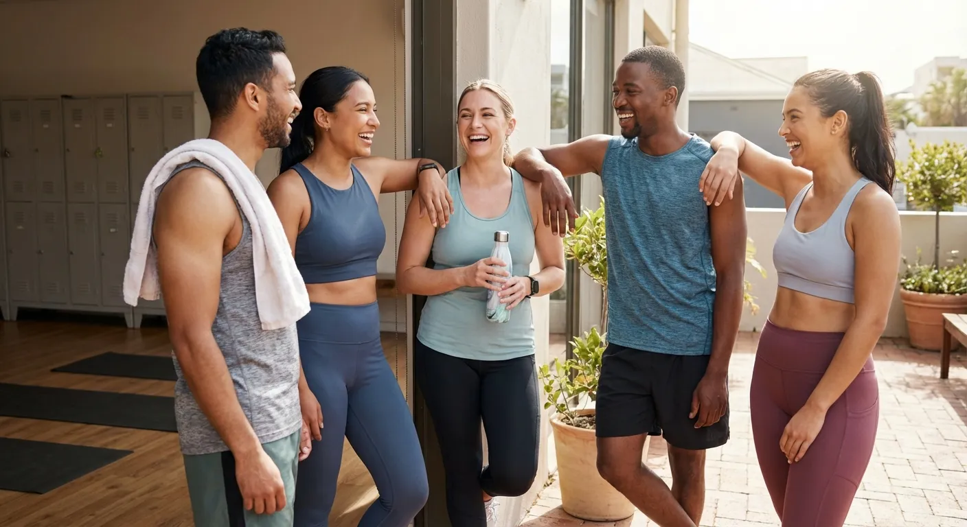 Diverse group of people socializing and laughing together after group workout