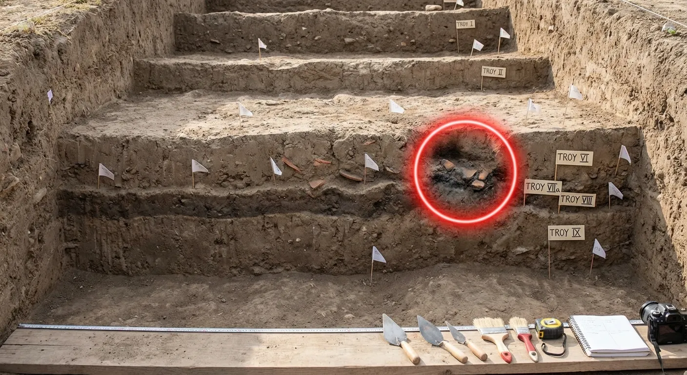 Archaeological excavation showing layers of Troy with markers indicating different settlement periods