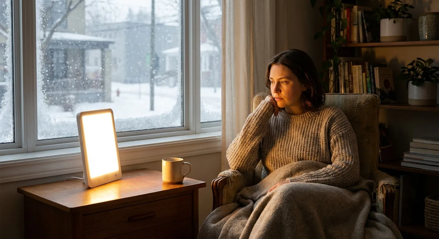 Person looking out window at gray winter day with light therapy lamp nearby
