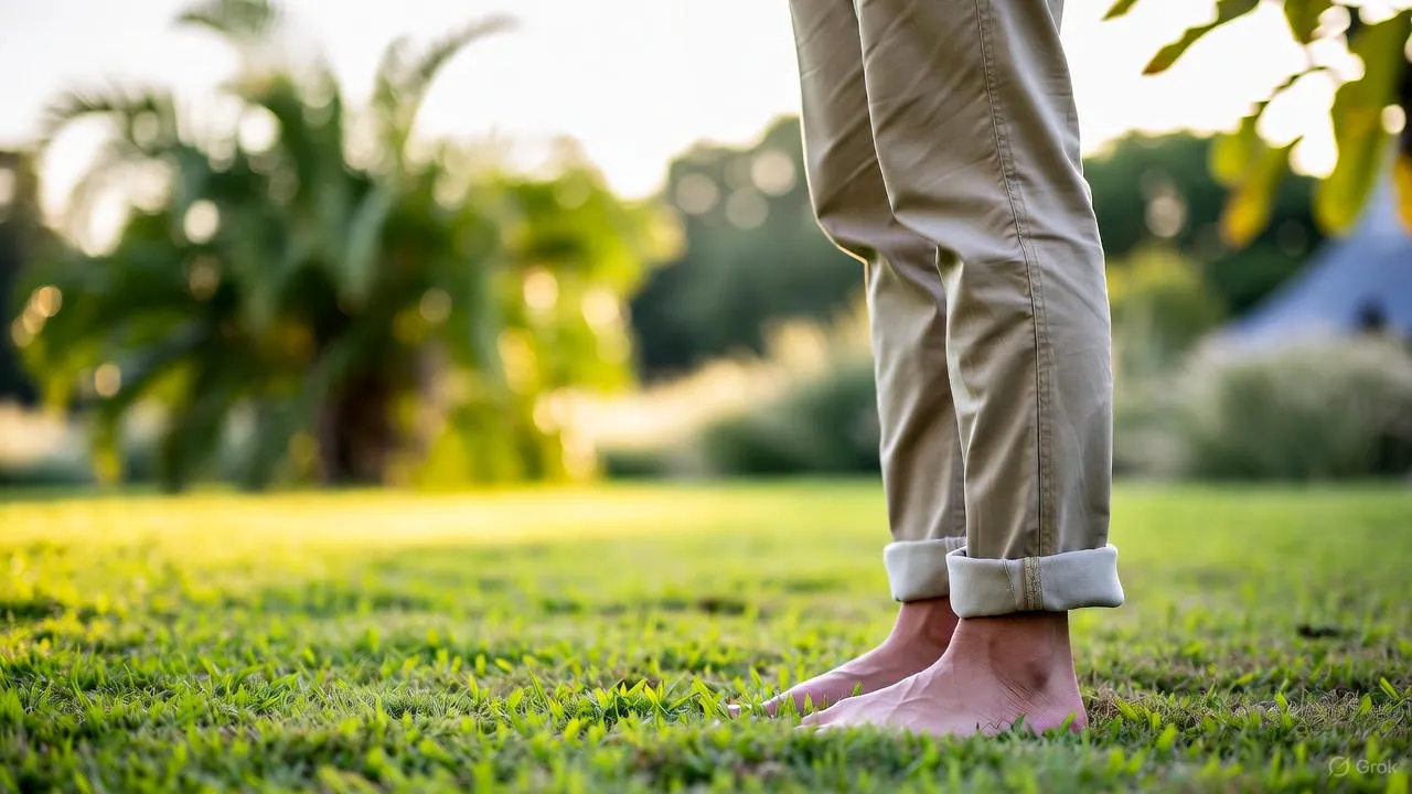Person walking barefoot on lush green grass in morning light