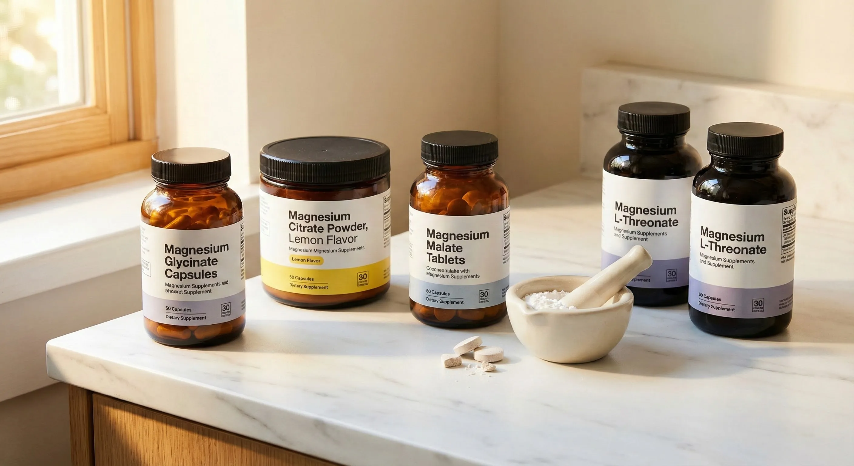 A variety of magnesium supplement bottles and powder on a kitchen counter