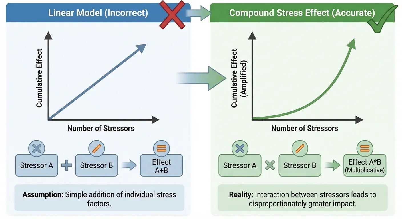 Diagram showing how multiple stressors compound rather than simply add together