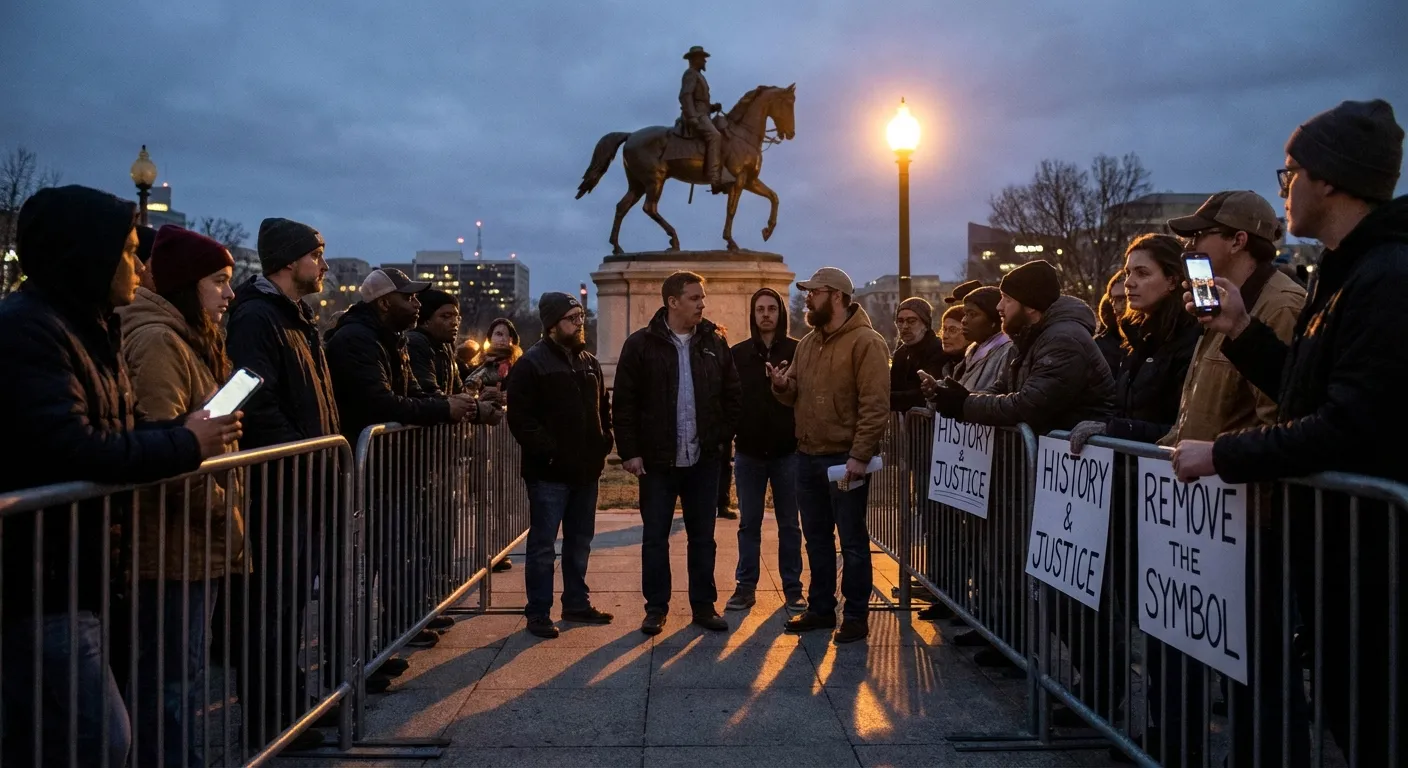 Protesters gathered around a Confederate monument during debates over historical commemoration