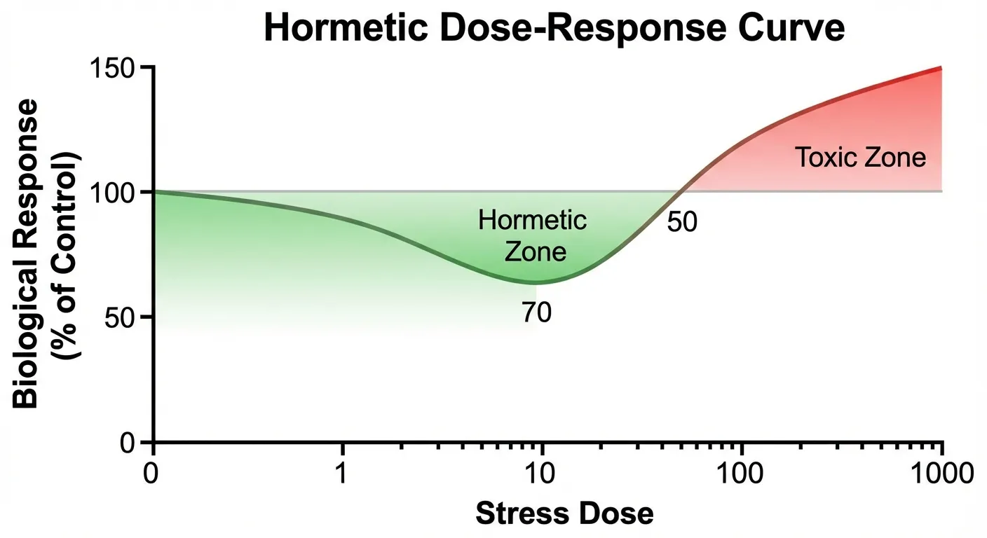 The hormetic dose-response curve showing the J-shaped relationship between stress dose and health benefit