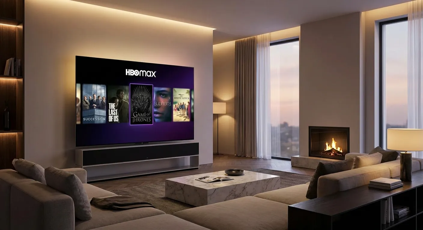 HBO Max interface on television screen showing premium content library