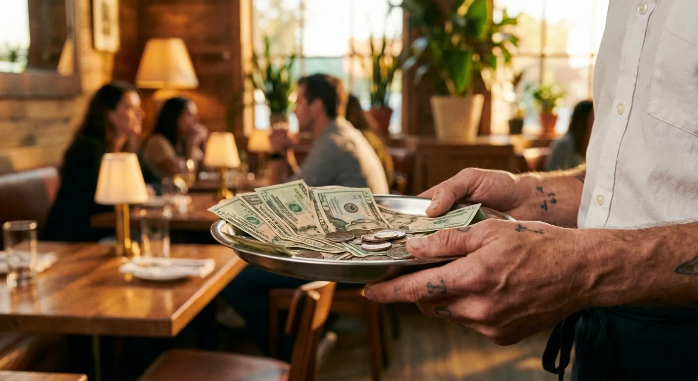 Restaurant server holding tip tray with cash representing new tax deduction