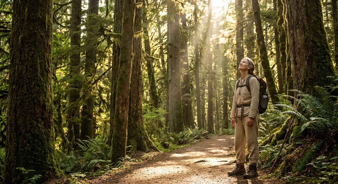 Person walking through a forest trail looking up at sunlight through trees
