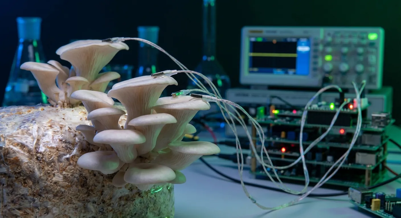 Oyster mushrooms connected to electronic equipment in a bioelectronics laboratory
