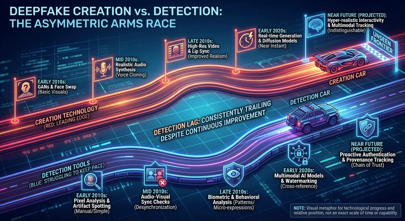 Infographic showing arms race between deepfake creation and detection technology