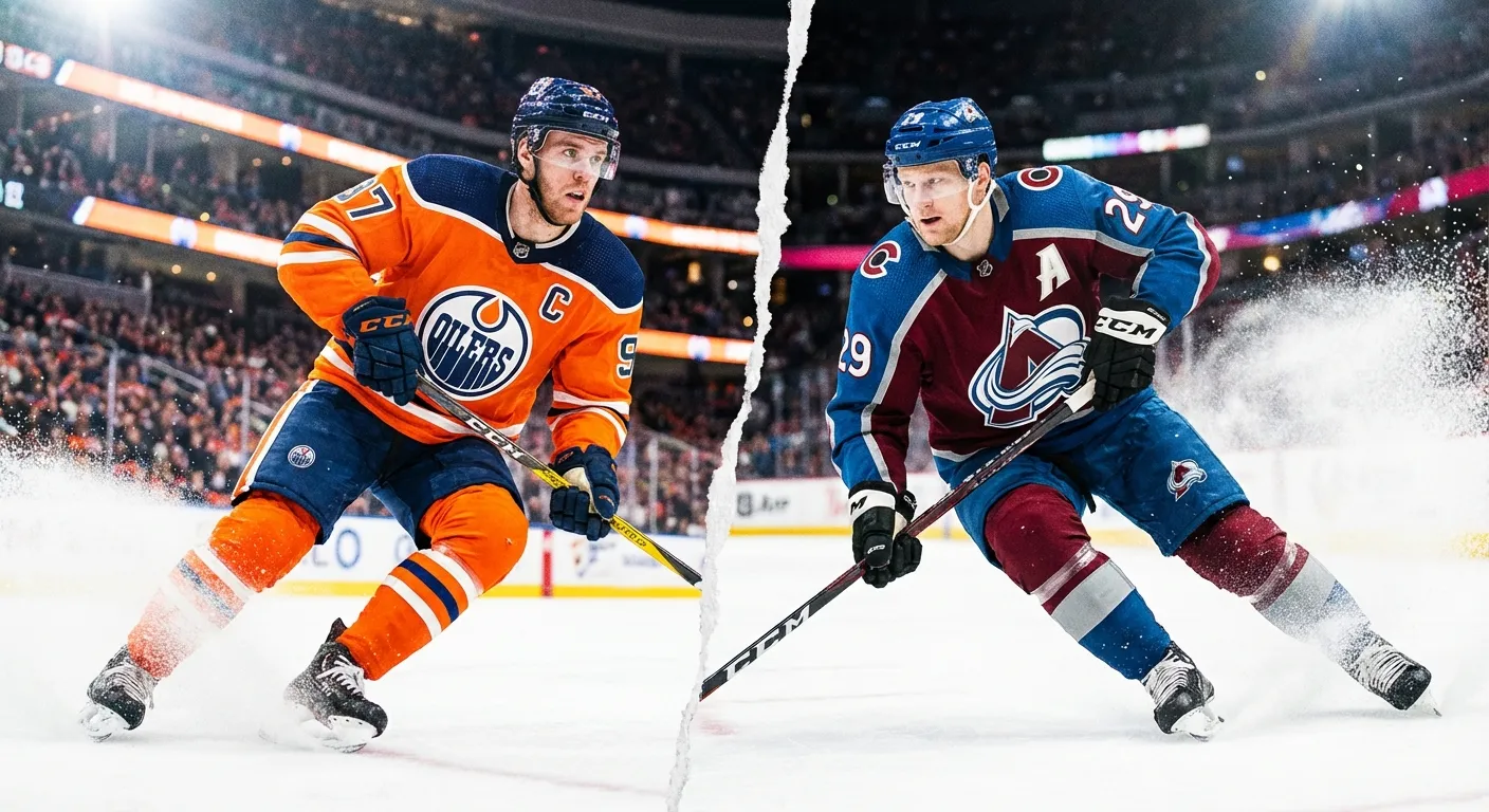 Connor McDavid and Nathan MacKinnon skating at high speed during an NHL game