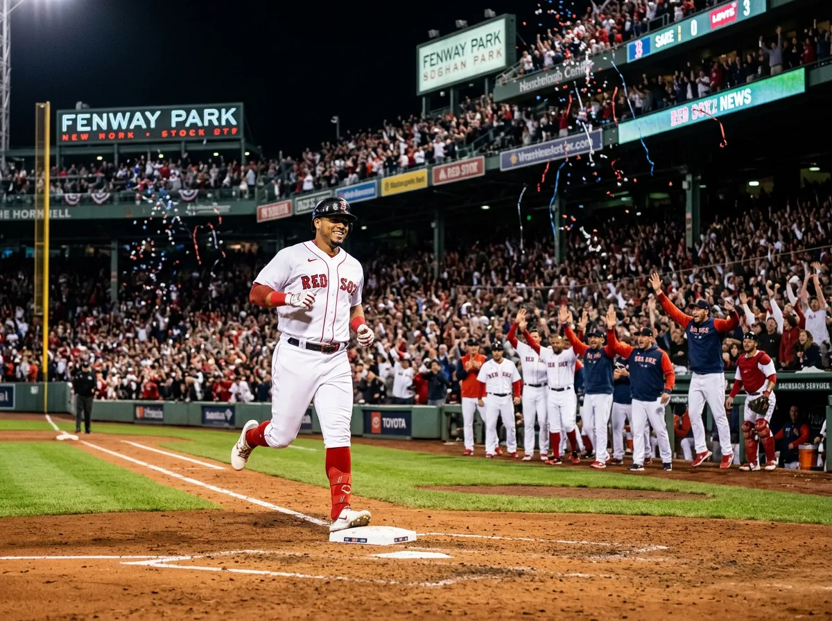 Baseball player rounding the bases after hitting a home run with teammates celebrating