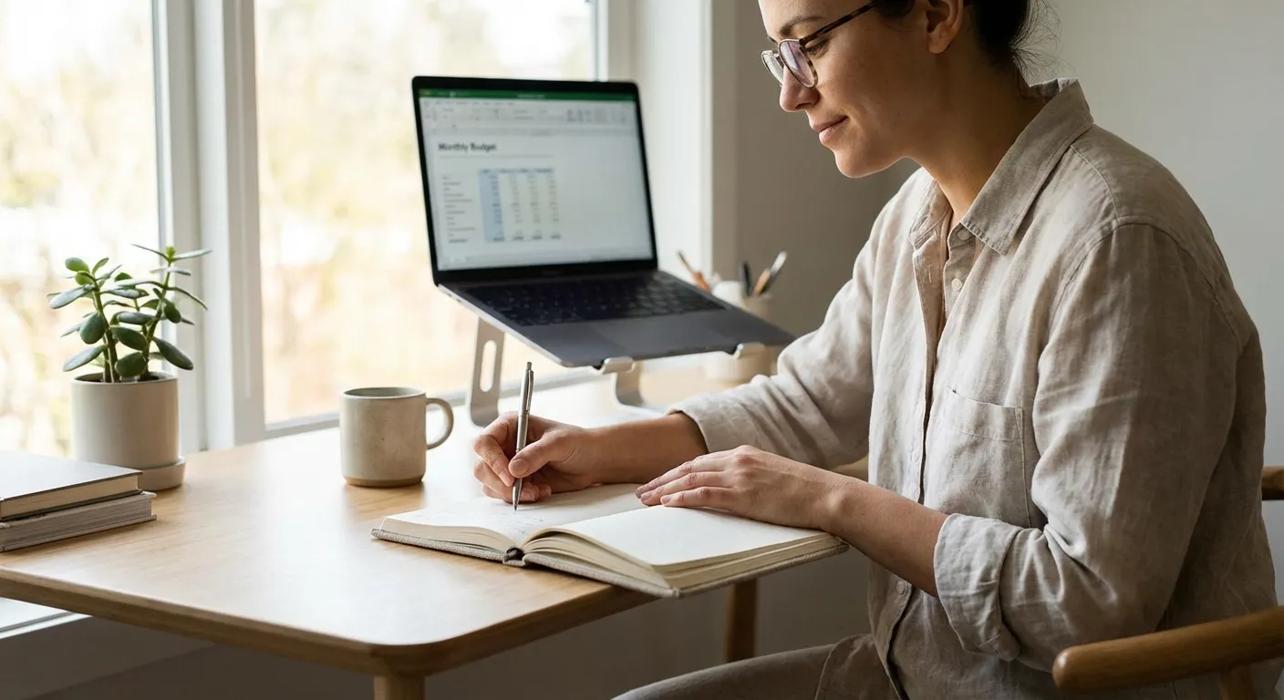 Person writing in a journal with financial notes visible on desk