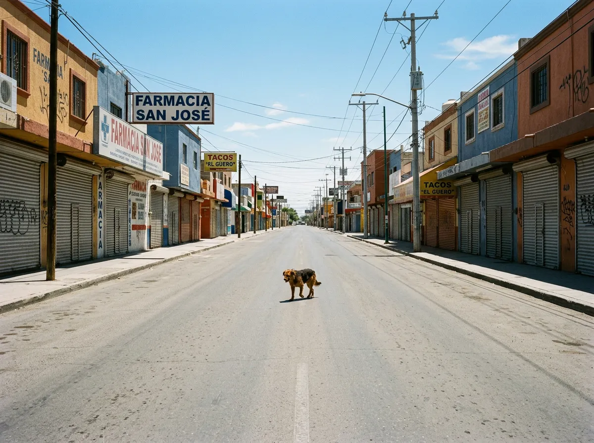 Empty Mexican city street during cartel-imposed curfew with shuttered businesses