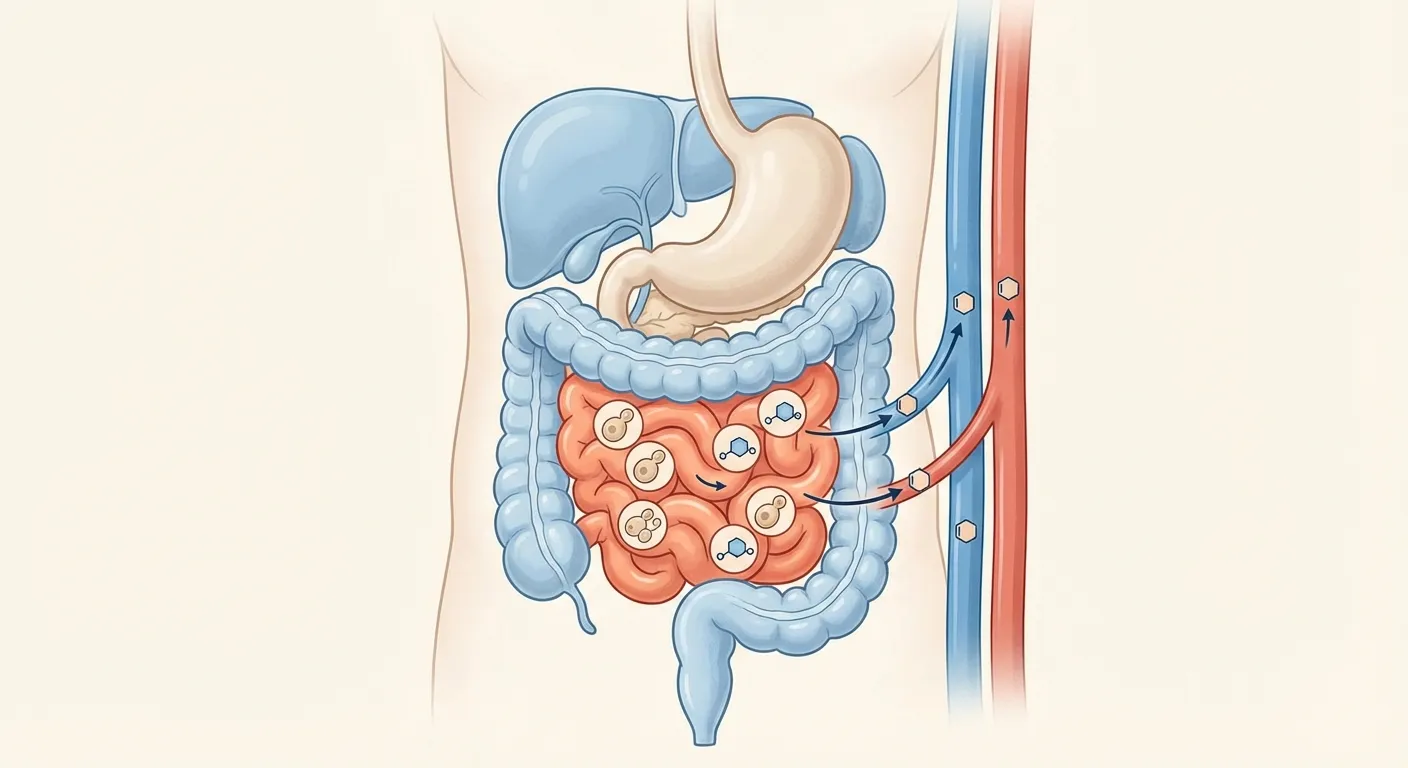 Scientific diagram showing the digestive system with highlighted areas of fermentation
