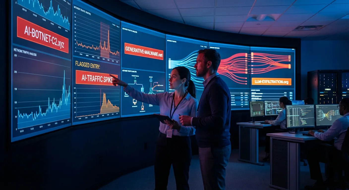 IT security team reviewing AI usage audit logs on multiple monitors