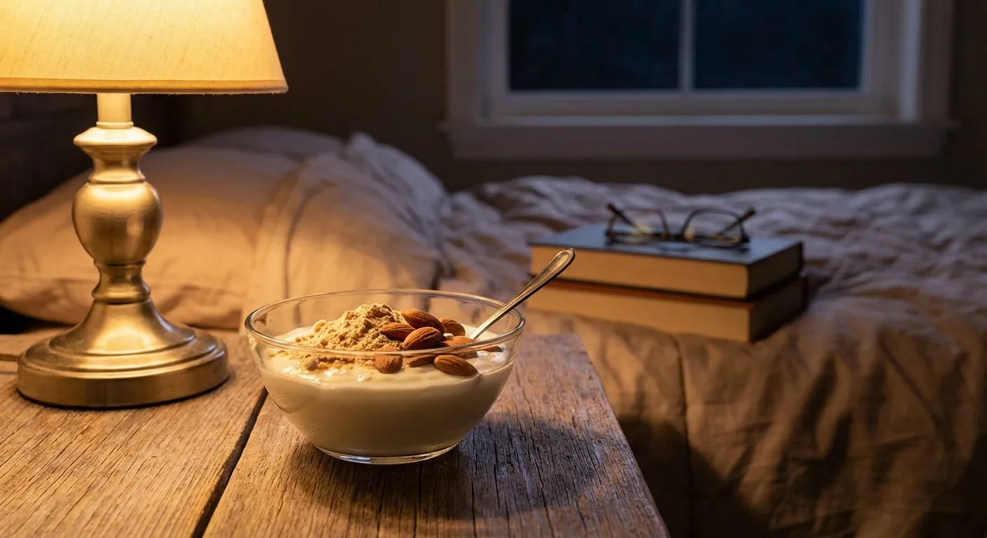 Evening protein snack of Greek yogurt with casein powder in a glass bowl