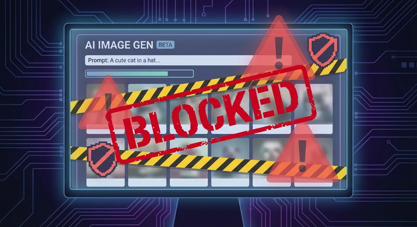 Abstract visualization of AI image generation with warning symbols and red flags