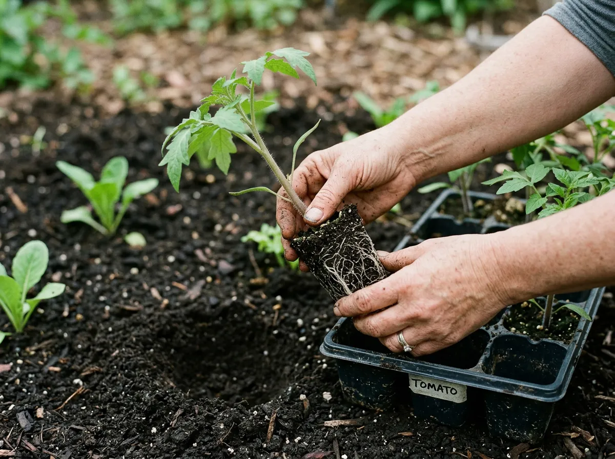 Hands carefully transplanting a healthy seedling from a cell tray into a garden bed