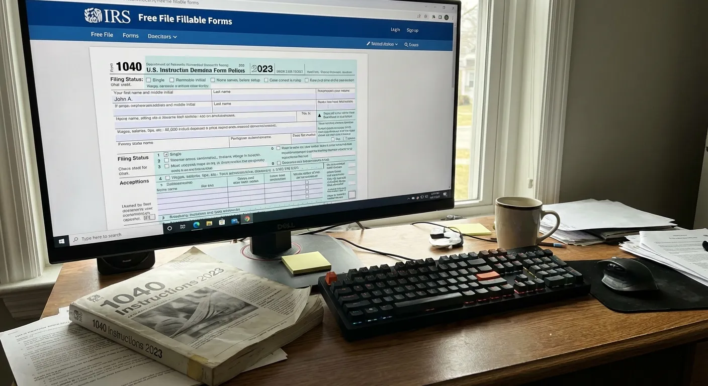IRS Free File Fillable Forms interface showing blank tax form fields