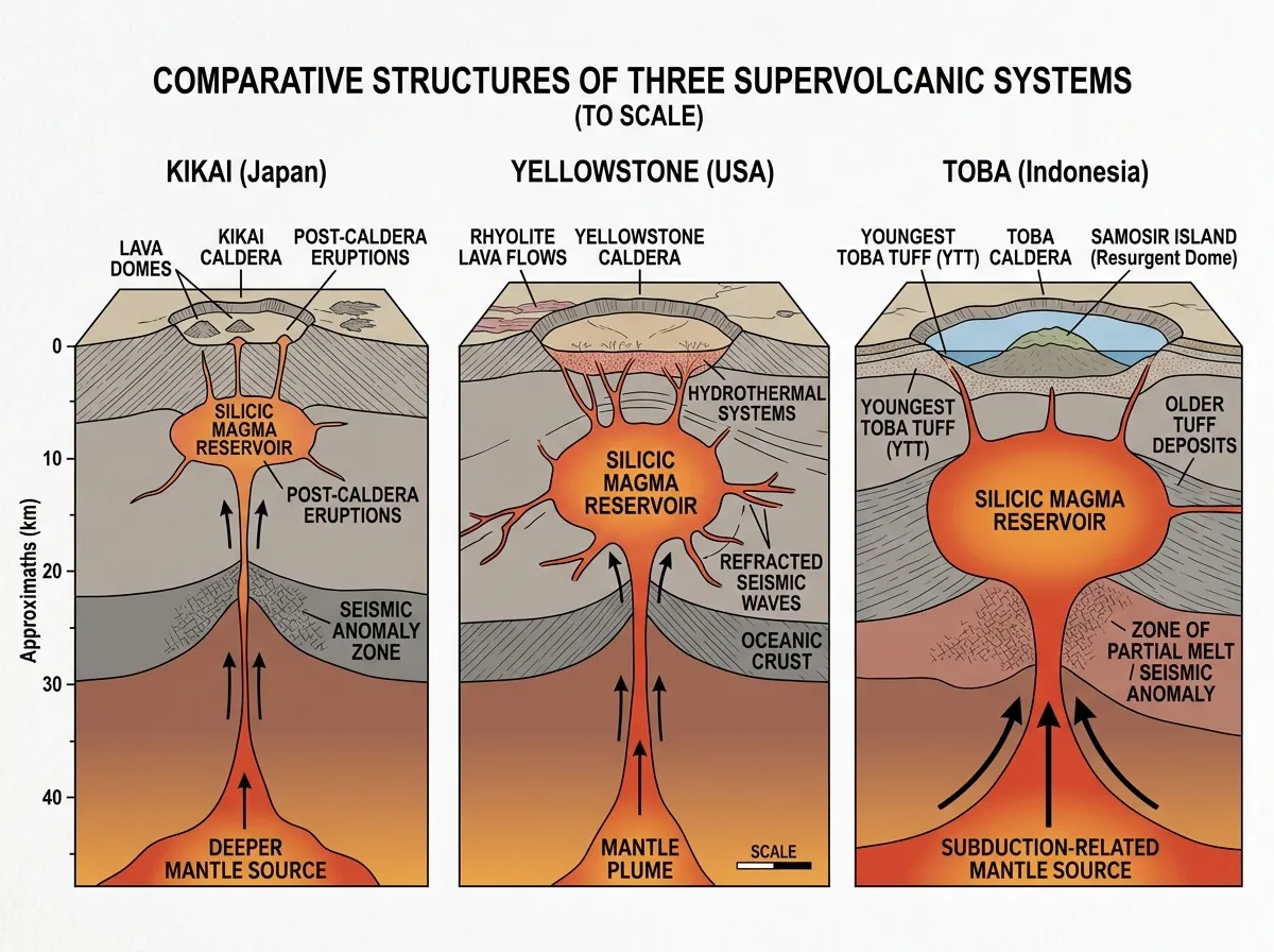 Cross-section diagram comparing magma chambers beneath Kikai, Yellowstone, and Toba calderas