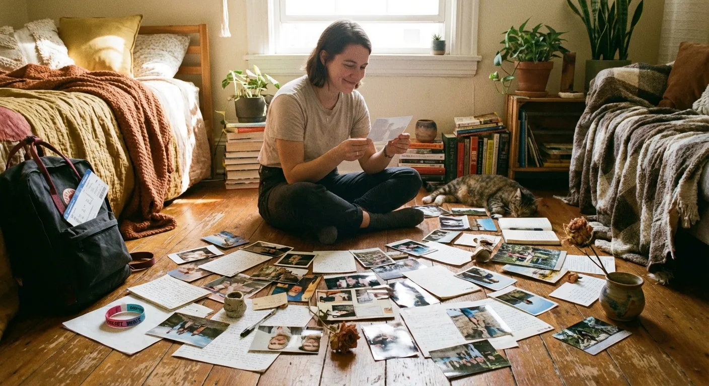 Person looking at scattered notes and photos representing year in review