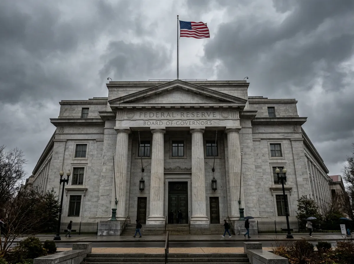 Federal Reserve building facade with American flag and cloudy sky