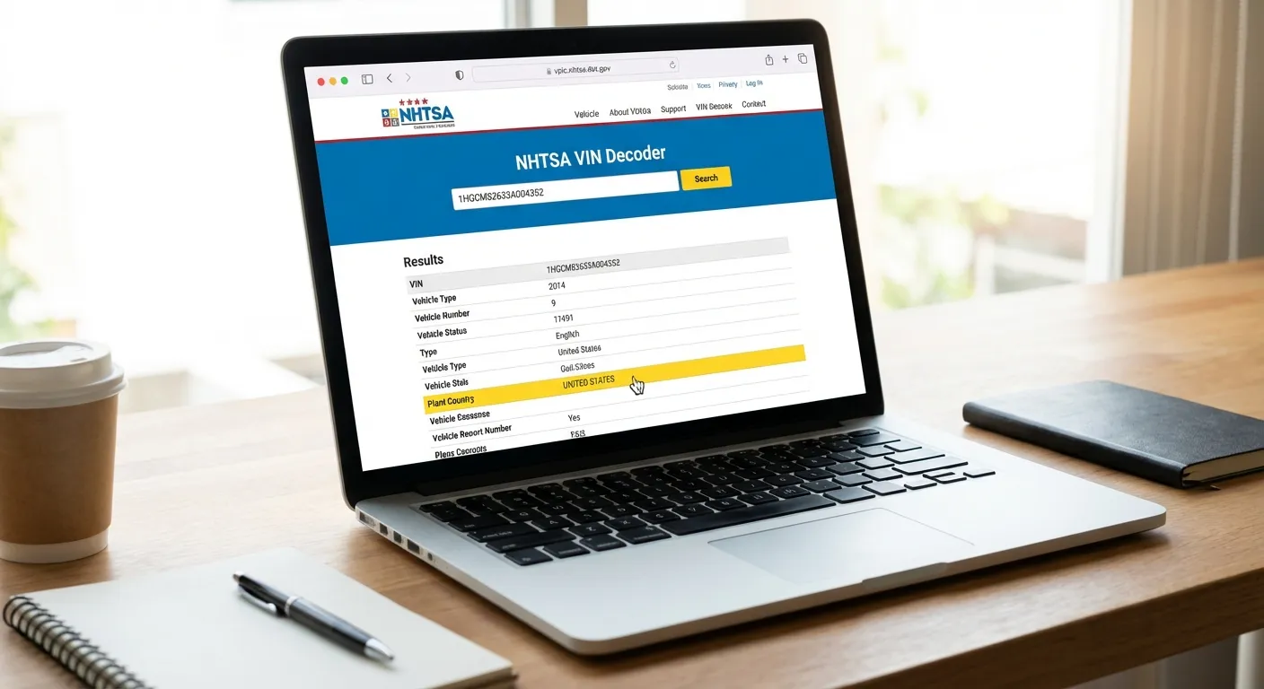 NHTSA VIN decoder website showing vehicle assembly location results