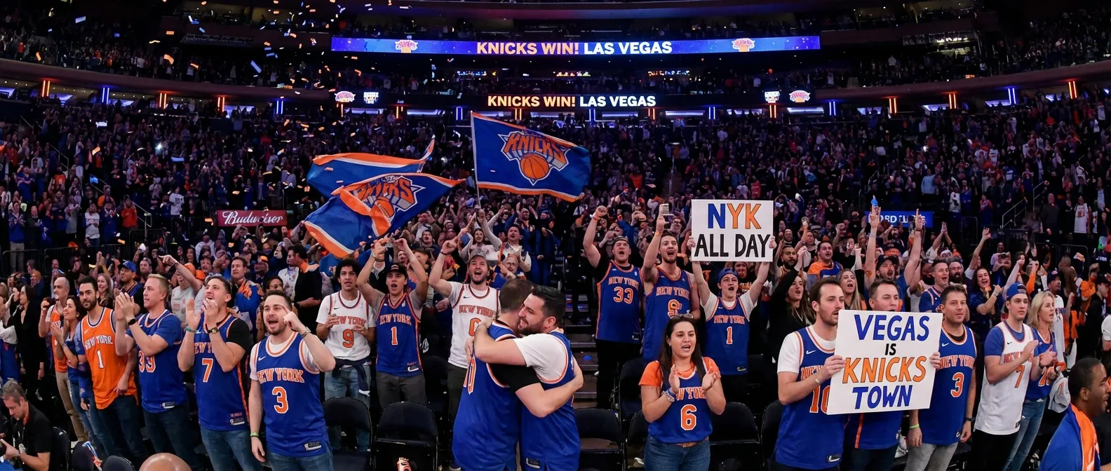 Knicks fans in the Las Vegas arena celebrating with orange and blue flags