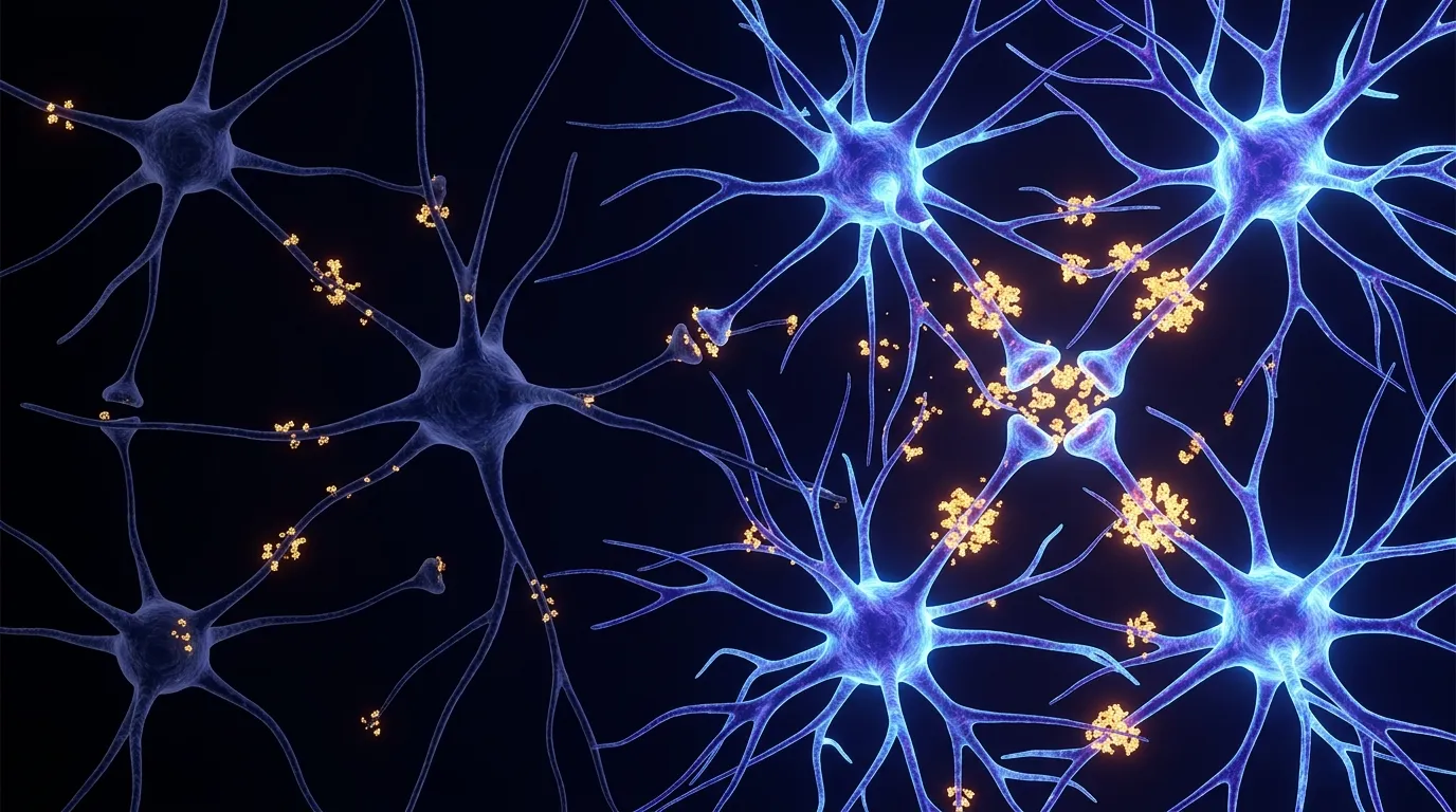 Microscopic visualization of brain neurons with glowing protein clusters between synaptic connections