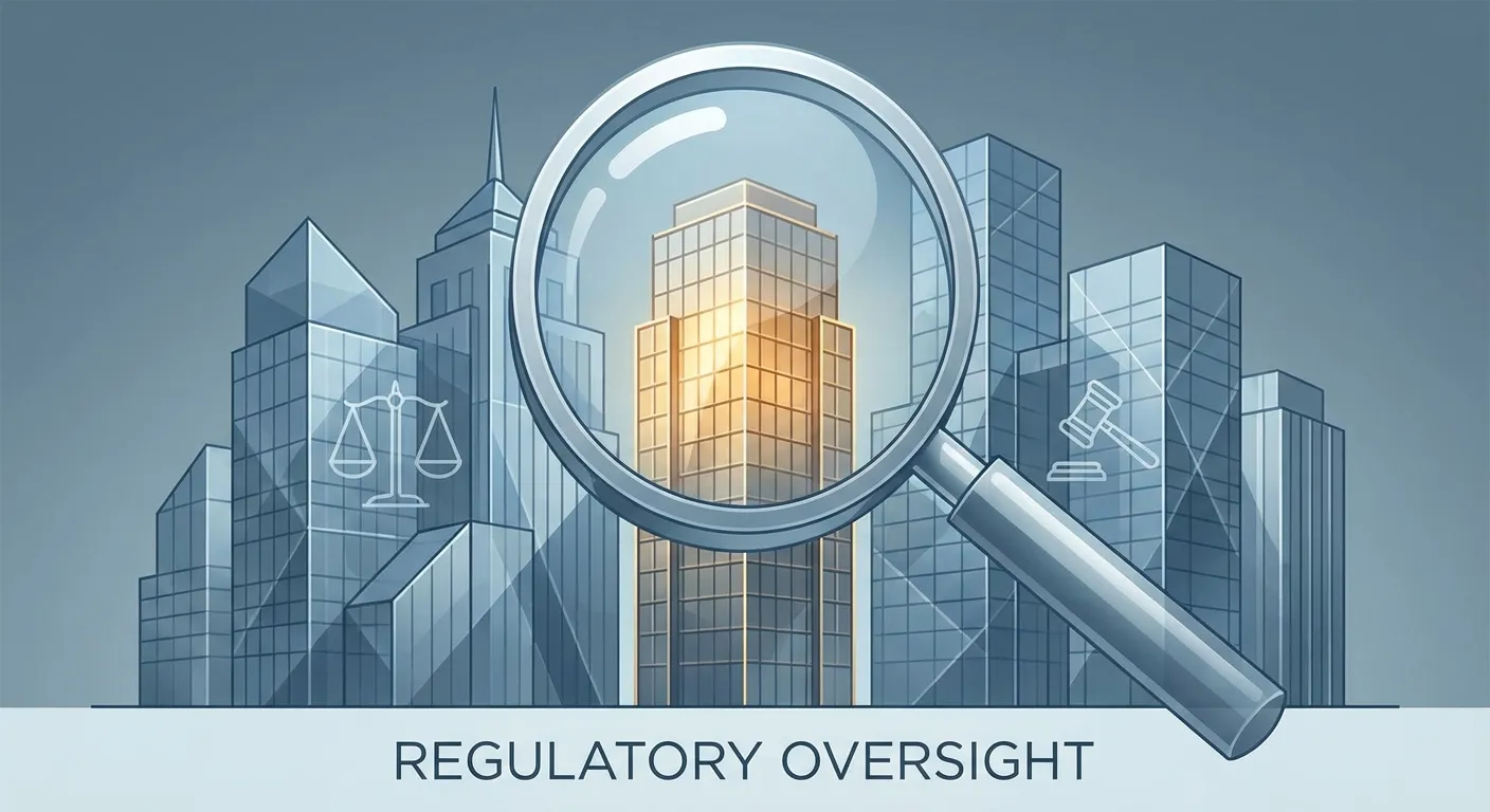 Abstract illustration of corporate buildings under a magnifying glass with legal symbols