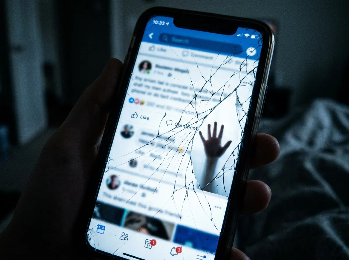 Smartphone screen showing social media interface with a cracked glass overlay
