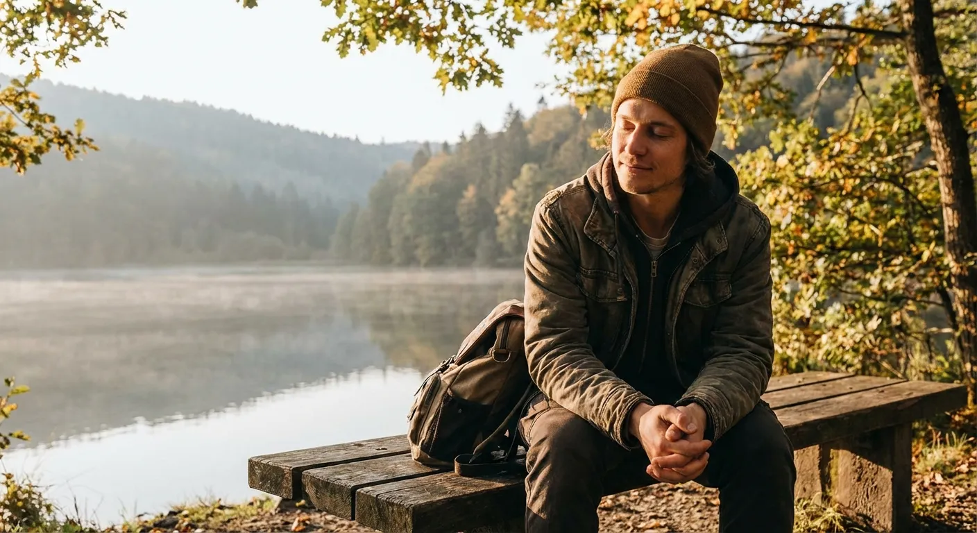 Person sitting peacefully alone on a bench, reflecting on relationships