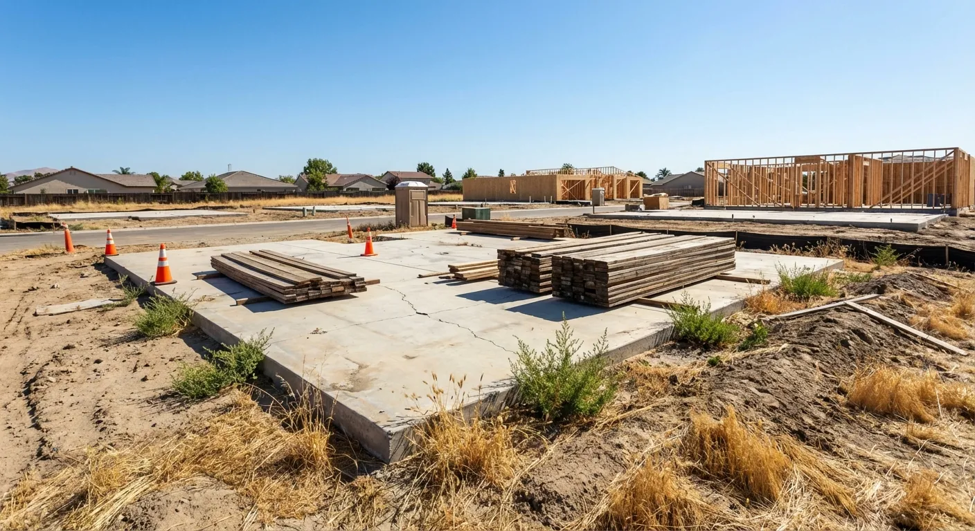 Foundation of burned home with cleared debris and construction materials nearby