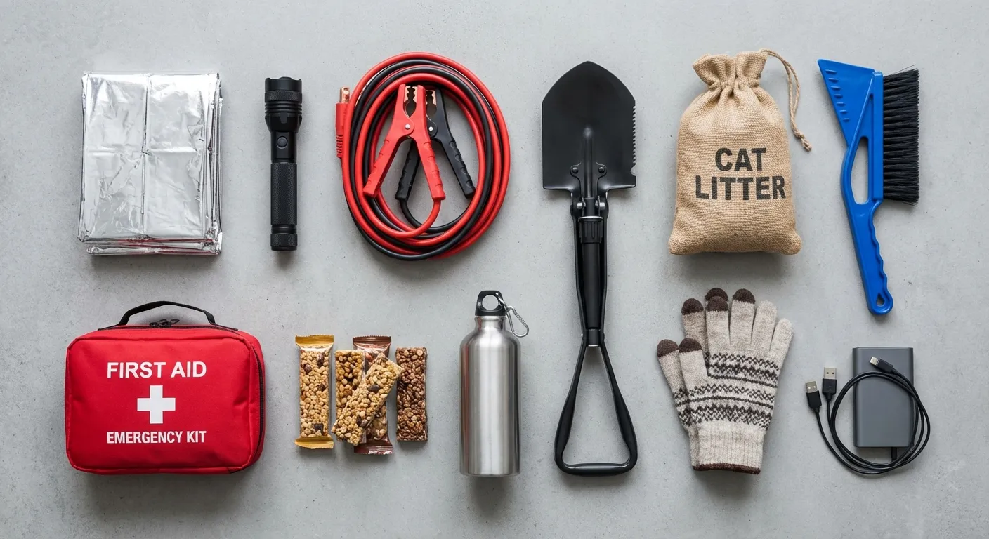 Winter car emergency kit contents laid out